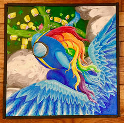 Size: 1024x1010 | Tagged: safe, artist:colorsceempainting, rainbow dash, pegasus, pony, g4, wonderbolts academy, clothes, cloud, cottage, female, flying, ponyville, solo, uniform, windswept mane, wonderbolts, wonderbolts uniform