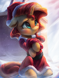 Size: 3000x4000 | Tagged: safe, artist:vanillaghosties, sunset shimmer, pony, unicorn, g4, christmas, clothes, cute, daaaaaaaaaaaw, female, hat, high res, hnnng, holiday, mare, not fiery shimmer, santa hat, shimmerbetes, snow, solo, sweet dreams fuel