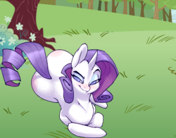Size: 524x410 | Tagged: safe, artist:bigdad, edit, rarity, pony, unicorn, g4, blushing, bush, butt, butt blush, dreamworks face, female, flower, grass, looking at you, mare, outdoors, plot, rearity, smiling, smirk, solo, tree