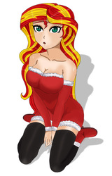 Size: 731x1145 | Tagged: safe, artist:anonix123, sunset shimmer, equestria girls, g4, christmas, clothes, costume, female, holiday, human coloration, kneeling, santa costume, simple background, solo, white background
