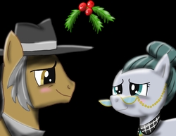 Size: 5500x4250 | Tagged: safe, artist:pegaplex, cloudy quartz, igneous rock pie, earth pony, pony, g4, hearthbreakers, absurd resolution, black background, blushing, canon ship, couple, female, hearth's warming, highlights, holly, holly mistaken for mistletoe, male, pie family, shading, ship:quartzrock, shipping, simple background, straight