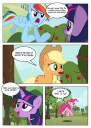 Size: 4959x7017 | Tagged: safe, artist:purplewonderpower, edit, edited screencap, screencap, applejack, pinkie pie, rainbow dash, twilight sparkle, g4, the super speedy cider squeezy 6000, absurd resolution, apple, apple tree, cider, comic, screencap comic, speech bubble, tree