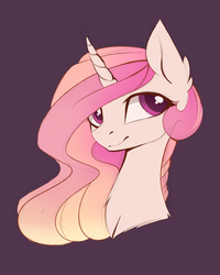 Size: 1772x2210 | Tagged: safe, artist:magnaluna, princess celestia, pony, g4, bust, colored pupils, female, mare, missing accessory, purple background, simple background, smiling, solo