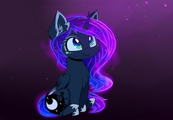 Size: 2409x1674 | Tagged: safe, artist:magnaluna, princess luna, alicorn, pony, g4, chest fluff, colored wings, colored wingtips, cute, ear fluff, eyeshadow, female, fluffy, horn, looking up, lunabetes, makeup, sitting, smiling, solo, sparkles, wings