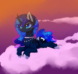 Size: 1600x1515 | Tagged: safe, artist:magnaluna, princess luna, alicorn, pony, g4, cheek fluff, chest fluff, cloud, collar, curved horn, ear fluff, ethereal mane, female, galaxy mane, horn, jewelry, leg fluff, mare, necklace, prone, smiling, solo