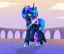 Size: 2480x2111 | Tagged: safe, artist:magnaluna, princess luna, alicorn, crystal pony, pony, g4, alternate hairstyle, body markings, chest fluff, collar, colored pupils, colored wings, colored wingtips, crystallized, curved horn, ear fluff, ethereal mane, female, galaxy mane, grin, high res, horn, leg fluff, mare, neck fluff, raised hoof, short hair, smiling, solo