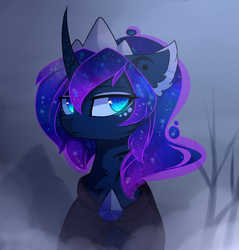 Size: 2000x2088 | Tagged: safe, artist:magnaluna, princess luna, alicorn, pony, g4, alternate hairstyle, bust, cape, cheek fluff, chest fluff, cloak, clothes, crown, curved horn, deadpan, ear fluff, ears back, ethereal mane, female, fog, galaxy mane, gray background, high res, horn, jewelry, lidded eyes, looking at you, mare, neck fluff, portrait, regalia, simple background, slit pupils, solo, tiara, wingding eyes