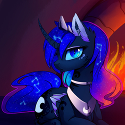 Size: 2400x2400 | Tagged: safe, artist:magnaluna, princess luna, alicorn, pony, g4, body markings, cheek fluff, chest fluff, collar, color porn, colored wings, colored wingtips, constellation, curved horn, ear fluff, ethereal mane, female, fireplace, galaxy mane, high res, horn, jewelry, looking at you, mare, prone, regalia, slit pupils, solo