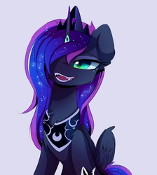 Size: 1426x1595 | Tagged: safe, artist:magnaluna, princess luna, alicorn, pony, g4, chest fluff, crown, fangs, female, hair over one eye, horn, horn jewelry, horn ring, jewelry, looking at you, mare, modified accessory, open mouth, open smile, peytral, regalia, ring, simple background, smiling, smiling at you, solo, wings