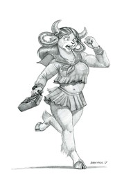 Size: 1000x1303 | Tagged: safe, artist:baron engel, yona, yak, anthro, unguligrade anthro, g4, black and white, bow, breasts, busty yona, clothes, cloven hooves, female, grayscale, hair bow, midriff, monkey swings, monochrome, pencil drawing, running, sailor uniform, school uniform, schoolgirl, schoolgirl toast, simple background, solo, traditional art, white background