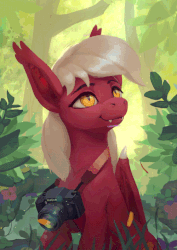 Size: 500x708 | Tagged: safe, artist:rodrigues404, oc, oc only, oc:picture perfect, bat pony, pony, animated, bat pony oc, camera, cinemagraph, forest, gif, solo