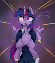 Size: 1322x1527 | Tagged: safe, artist:magnaluna, princess luna, twilight sparkle, alicorn, pony, g4, belly button, best pony, blushing, both cutie marks, dialogue, female, heart, holding a pony, lesbian, looking at you, mare, misleading thumbnail, ship:twiluna, shipping, surprised, twilight sparkle (alicorn)