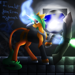 Size: 5800x5800 | Tagged: safe, artist:florarena-kitasatina/dragonborne fox, pony, absurd resolution, augmented, bfg, clothes, crossbow, crossover, dialogue, floppy ears, glowing horn, horn, horseshoes, iru (suguri), leonine tail, one leg raised, ponified, rocket, signature, spaceship, tiles, trigger, unshorn fetlocks, watermark, weapon, wifebeater, window