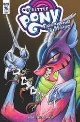 Size: 659x1000 | Tagged: safe, artist:andypriceart, idw, official comic, cosmos, discord, draconequus, g4, spoiler:comic, spoiler:comic76, comic cover, cover, cover art, female, male, scissors