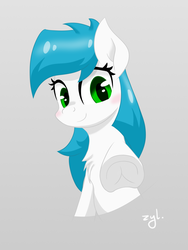 Size: 1500x2000 | Tagged: safe, artist:zylgchs, oc, oc only, oc:cynosura, pony, chest fluff, gradient background, looking at you, reaching, signature, smiling, solo, wingless