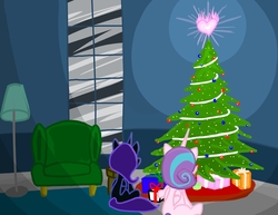 Size: 5500x4250 | Tagged: safe, artist:pegaplex, princess flurry heart, oc, oc:nyx, alicorn, pony, g4, the hearth's warming club, absurd resolution, blizzard, chair, christmas, christmas tree, cousins, duo, duo female, female, fire of friendship, friends, heart, hearth's warming, hearth's warming tree, holiday, lamp, light, looking at something, looking up, magic, mare, missing cutie mark, non-shipping, older, present, shading, sitting, storm, table, tree, window