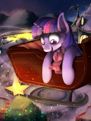 Size: 3000x4000 | Tagged: safe, artist:blackligerth, twilight sparkle, pony, g4, canterlot, christmas, christmas tree, clothes, female, holiday, mare, night, scarf, sleigh, smiling, solo, stars, tree