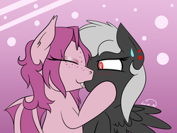 Size: 800x600 | Tagged: safe, artist:luriel maelstrom, oc, oc only, oc:calculator, oc:luriel maelstrom, bat pony, pegasus, pony, bat pony oc, eyeliner, fangs, freckles, gay, kissing, makeup, male, nervous, piercing, signature, simple background