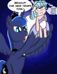 Size: 2550x3300 | Tagged: safe, artist:saburodaimando, cozy glow, princess luna, pony, g4, 2019, belly button, cozy glow is not amused, daimando is going to hell, diaper, high res, holding, holding a pony, new year, new years eve, speech bubble, thought bubble