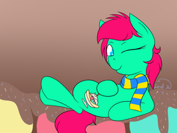 Size: 1024x768 | Tagged: safe, artist:luriel maelstrom, oc, oc only, oc:minty split, earth pony, pony, clothes, cute, female, food, ice cream, looking at you, lying down, one eye closed, scarf, signature, simple background, solo, wink