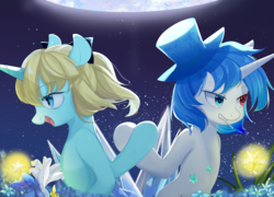 Size: 3200x2300 | Tagged: safe, artist:alleycat, oc, oc only, oc:diamonody, oc:heartgate, pony, unicorn, bow, duo, hair bow, hat, heterochromia, high res, top hat