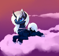 Size: 1600x1515 | Tagged: safe, artist:magnaluna, princess luna, alicorn, pony, g4, alternate design, alternate hairstyle, chest fluff, choulder fluff, cloud, colored wings, colored wingtips, curved horn, ear fluff, eyeshadow, female, folded wings, gradient background, hoof shoes, horn, jewelry, leg fluff, lying down, lying on a cloud, makeup, mare, necklace, on a cloud, prone, purple background, simple background, solo, sparkly ears, sparkly mane, sparkly tail, sparkly wings, tail, white-haired luna, wings