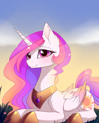Size: 1939x2414 | Tagged: safe, artist:magnaluna, princess celestia, alicorn, pony, g4, colored wings, colored wingtips, cute, cutelestia, female, fluffy, looking at you, prone, smiling, solo
