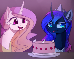 Size: 2300x1829 | Tagged: safe, artist:magnaluna, princess celestia, princess luna, pony, cake, cakelestia, cheek fluff, colored pupils, crown, curved horn, cute, cutelestia, ear fluff, ethereal mane, eyes on the prize, female, food, galaxy mane, horn, jewelry, lunabetes, mare, neck fluff, open mouth, regalia, tongue out