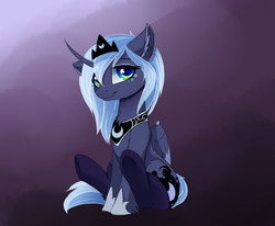 Size: 1956x1615 | Tagged: safe, artist:magnaluna, princess luna, alicorn, pony, g4, clothes, curved horn, cute, female, horn, looking at you, lunabetes, mare, s1 luna, sitting, smiling, socks, solo, stockings, thigh highs