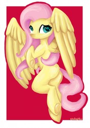 Size: 905x1280 | Tagged: safe, artist:deadcrystaliris, fluttershy, pegasus, pony, g4, cute, female, flying, looking at you, mare, missing cutie mark, simple background, solo, spread wings, turned head, underhoof, wings
