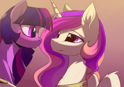 Size: 2000x1406 | Tagged: safe, artist:magnaluna, princess celestia, twilight sparkle, alicorn, pony, g4, :o, bedroom eyes, blushing, cute, female, fluffy, lesbian, looking at each other, mare, open mouth, ship:twilestia, shipping, smiling, twilight sparkle (alicorn), wide eyes