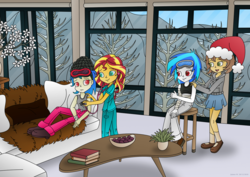 Size: 1280x906 | Tagged: safe, artist:lavenderrain24, dj pon-3, sunset shimmer, vinyl scratch, oc, oc:blissful trance, oc:healing touch, equestria girls, g4, bandage, christmas, clothes, commission, couch, female, goggles, hat, holiday, listening, mountain, santa hat, ski goggles, ski lodge, smiling, stethoscope, stool, table, window