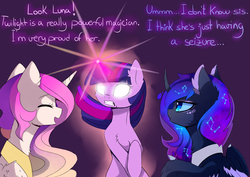 Size: 2800x1979 | Tagged: safe, artist:magnaluna, princess celestia, princess luna, twilight sparkle, pony, g4, bipedal, chest fluff, constellation, curved horn, dialogue, ear fluff, ethereal mane, eyes closed, fluffy, frown, galaxy mane, glowing eyes, glowing horn, gritted teeth, horn, magic, neck fluff, open mouth, royal sisters, seizure, simple background, smiling, student, teacher, teacher and student, trio, wide eyes, wing fluff