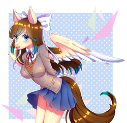Size: 1875x1809 | Tagged: safe, artist:moe-chan, oc, oc only, oc:amora bunny, pegasus, anthro, abstract background, anthro oc, bow, clothes, commission, cosplay, costume, digital art, doki doki literature club!, dress, female, hair bow, looking at you, mare, monika, monika pose, polka dot background, school uniform, shorts, signature, solo, spread wings, wings, ych result