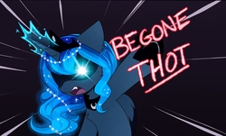 Size: 2180x1313 | Tagged: safe, alternate version, artist:magnaluna, princess luna, alicorn, pony, g4, action pose, begone thot, black background, cheek fluff, chest fluff, colored wings, colored wingtips, dialogue, ear fluff, ethereal mane, fangs, female, floppy ears, fluffy, frown, glowing eyes, glowing eyes meme, glowing horn, hidden eyes, horn, jewelry, magic, meme, motion lines, objection, open mouth, peytral, pointing, simple background, solo, thot, tiara, underhoof, wing fluff, yelling