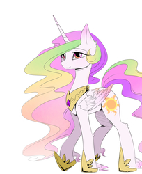 Size: 2300x2825 | Tagged: safe, artist:magnaluna, princess celestia, pony, g4, colored wings, colored wingtips, female, high res, raised hoof, simple background, smiling, solo, white background