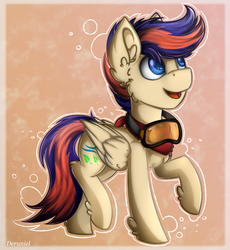Size: 1664x1808 | Tagged: safe, artist:deraniel, oc, oc only, oc:zephyr leaf, pegasus, pony, abstract background, bandana, cutie mark, digital art, ear fluff, goggles, happy, looking up, male, multicolored hair, multicolored mane, multicolored tail, open mouth, signature, solo, stallion, wings, ych result