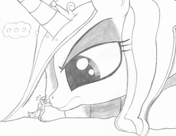 Size: 2200x1700 | Tagged: safe, artist:tenebrousmelancholy, princess cadance, shining armor, g4, disappointed, macro, micro, scared, shrunk, traditional art