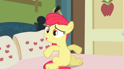 Size: 1280x720 | Tagged: safe, edit, edited screencap, editor:slayerbvc, screencap, apple bloom, earth pony, pony, apple family reunion, g4, accessory-less edit, bed, female, filly, missing accessory, sitting, solo