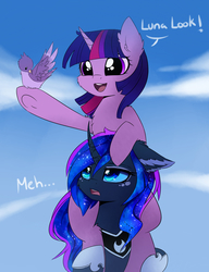 Size: 3000x3900 | Tagged: safe, artist:magnaluna, princess luna, twilight sparkle, bird, pony, unicorn, g4, cloud, curved horn, cute, dialogue, ear fluff, female, floppy ears, high res, horn, lesbian, luna is not amused, lunabetes, mare, meh, open mouth, ponies riding ponies, riding, ship:twiluna, shipping, shoulder ride, sky, smiling, twiabetes, twilight riding luna, unamused, underhoof, unimpressed