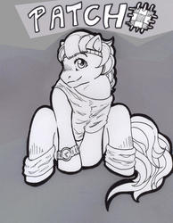 Size: 620x800 | Tagged: safe, artist:farthingale, patch (g1), earth pony, pony, semi-anthro, g1, my little pony tales, anatomically incorrect, arm hooves, female, incorrect leg anatomy, monochrome, solo, workout outfit