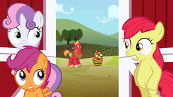 Size: 1280x720 | Tagged: safe, edit, edited screencap, editor:slayerbvc, screencap, apple bloom, big macintosh, scootaloo, sweetie belle, earth pony, pegasus, pony, unicorn, g4, hearts and hooves day (episode), accessory-less edit, apple, bipedal, bipedal leaning, cutie mark crusaders, female, filly, food, leaning, male, missing accessory, stallion, standing