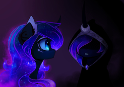 Size: 1900x1343 | Tagged: safe, artist:magnaluna, princess luna, g4, cheek fluff, cloak, clothes, color porn, colored pupils, curved horn, ear fluff, ethereal mane, evil kermit, galaxy mane, horn, inner me, looking at each other, meme, missing accessory, self ponidox, simple background