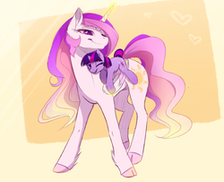 Size: 2400x1947 | Tagged: safe, artist:magnaluna, princess celestia, twilight sparkle, alicorn, pony, unicorn, g4, cloven hooves, cute, duo, duo female, ear fluff, female, filly, filly twilight sparkle, foal, folded wings, heart, horn, lidded eyes, looking down, magic, mare, momlestia, one eye closed, open mouth, ponies riding ponies, riding, riding a pony, smiling, telekinesis, twiabetes, twilight riding celestia, unshorn fetlocks, wings, wink, younger