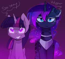 Size: 1600x1455 | Tagged: safe, artist:magnaluna, princess luna, twilight sparkle, alicorn, pony, g4, blushing, cheek fluff, collar, colored pupils, curved horn, duo, ear fluff, ethereal mane, floppy ears, galaxy mane, gradient background, grin, heart, heart eyes, horn, luna is not amused, offscreen character, smiling, twilight sparkle (alicorn), unamused, varying degrees of want, want, wingding eyes
