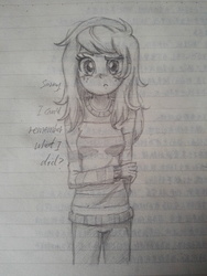 Size: 3120x4160 | Tagged: safe, artist:tastyrainbow, wallflower blush, equestria girls, g4, big eyes, clothes, cute, doubt, female, freckles, lined paper, solo, sweater, traditional art