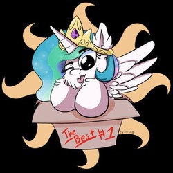 Size: 400x400 | Tagged: safe, artist:viejillox64art, princess celestia, pony, g4, black background, box, chibi, crown, female, jewelry, looking at you, one eye closed, pony in a box, regalia, simple background, solo, sticker, sun, tongue out, wings