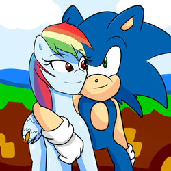 Size: 2000x2000 | Tagged: safe, artist:soul-yagami64, rainbow dash, pegasus, pony, g4, crossover, crossover shipping, female, high res, interspecies, male, shipping, sonic the hedgehog, sonic the hedgehog (series), sonicdash, straight