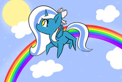 Size: 1024x683 | Tagged: safe, artist:hopefuldragon, oc, oc:fleurbelle, alicorn, pony, alicorn oc, cloud, flying, rainbow, sky