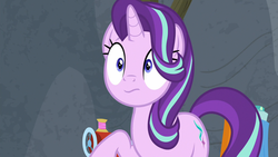 Size: 1280x720 | Tagged: safe, screencap, starlight glimmer, pony, unicorn, g4, horse play, female, mare, raised hoof, sewing machine, solo, surprised, wavy mouth